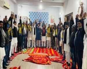 Celebration at AAP office on Sanjay Singh being made MP again