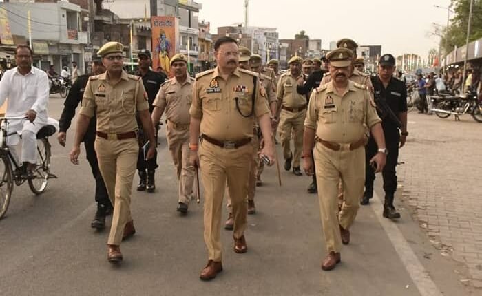 Superintendent of Police, Rampur Rajesh Dwivedi patrolled on foot with the police force.