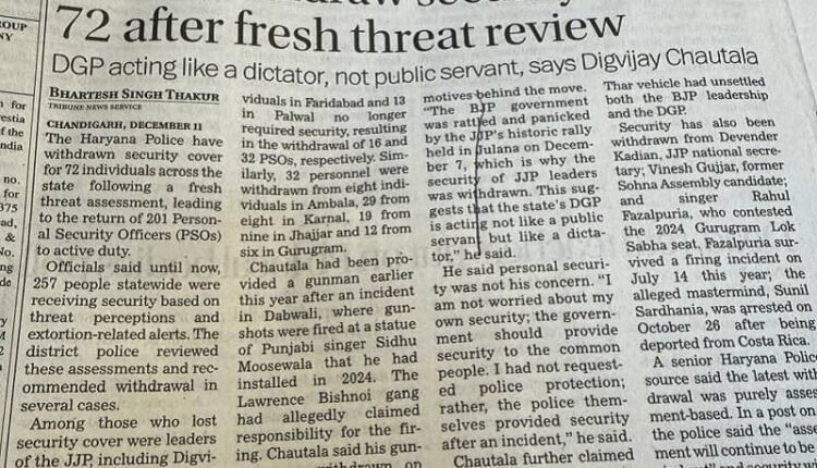 Withdrawal of security of JJP leaders -Status symbol-Surinder Singh son of ex CM Bansi lal as MP never availed security while Abhay Chautala used to get pilot and escort during his visit .