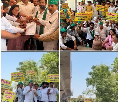 Farmers and laborers arrive at Modinagar Tehsil on bullock carts, staging a vigorous protest against dilapidated roads and rising inflation.