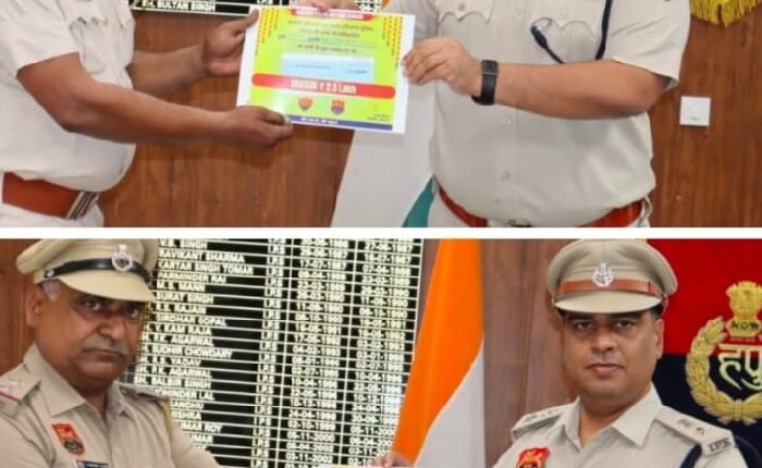 SP Deepak Saharan presented cheques worth ₹2.5 lakh each to two police personnel for their daughters' weddings under the Shagun Yojana.