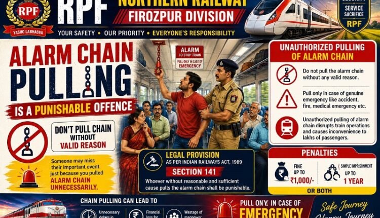 RPF Takes Strict Action Against Unnecessary Chain Pulling on Firozpur Division Trains: 630 Cases Registered, Fines Totaling ₹84,300.